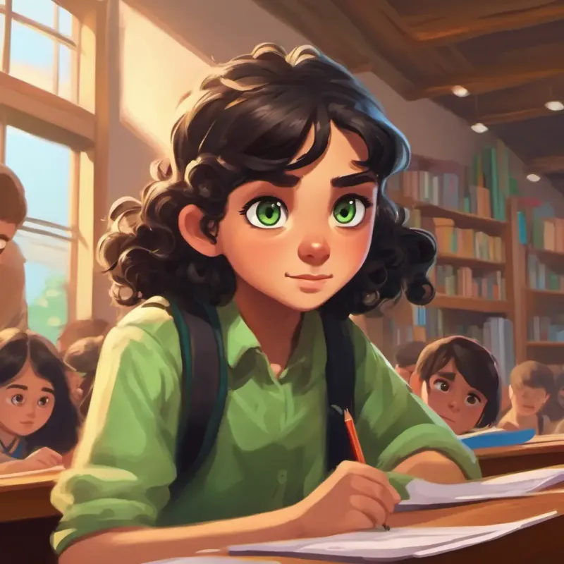 Tall boy with short curly hair and mischievous green eyes bullying Kind girl with big brown eyes and long black hair in class.