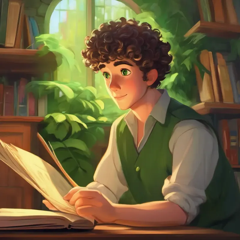 Change in Tall boy with short curly hair and mischievous green eyes; he apologizes and joins reading.