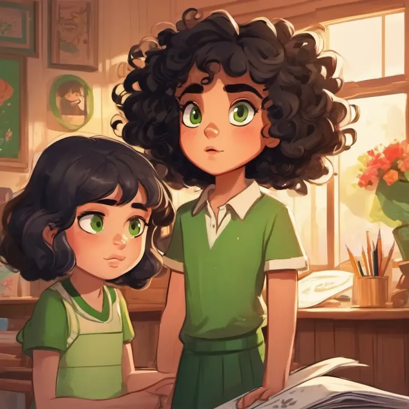 Tall boy with short curly hair and mischievous green eyes destroys Kind girl with big brown eyes and long black hair's drawing; she's very upset.