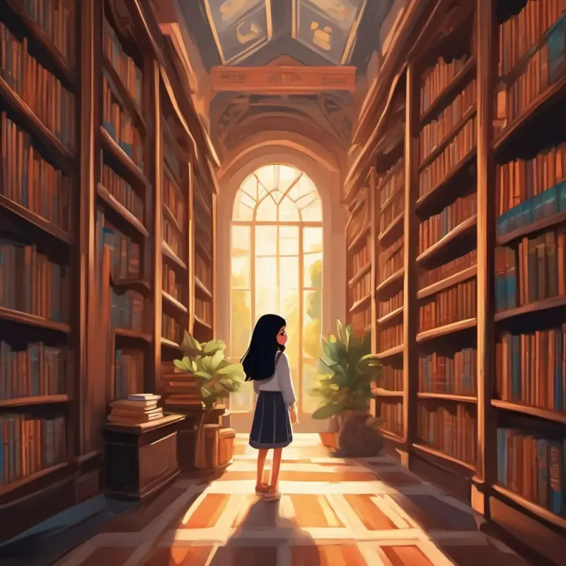 Kind girl with big brown eyes and long black hair takes refuge in the library.