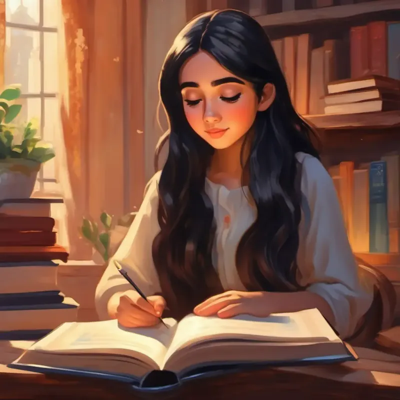 Kind girl with big brown eyes and long black hair reads an inspiring book.