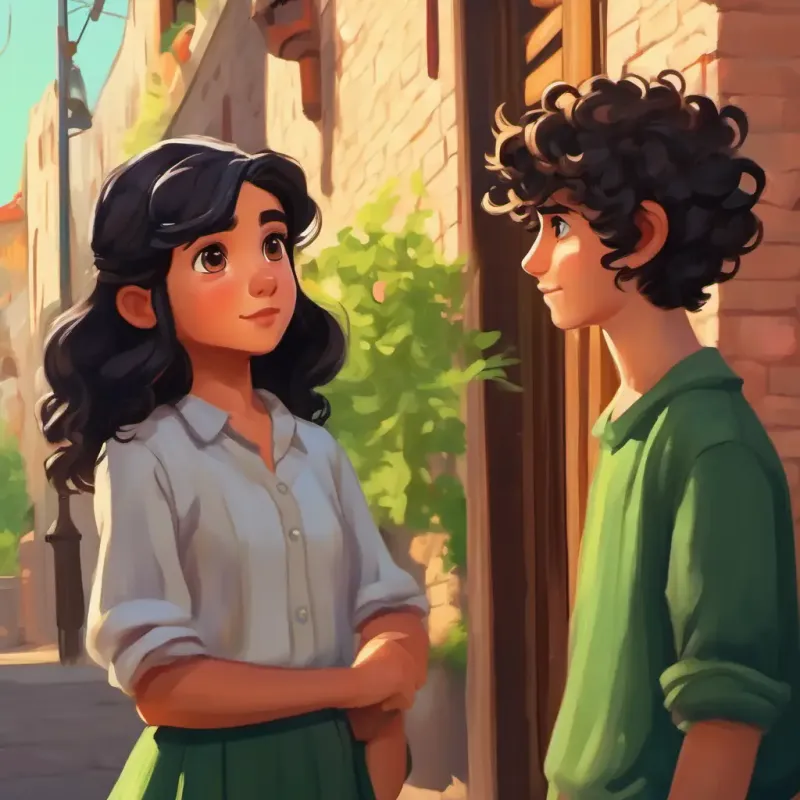 Kind girl with big brown eyes and long black hair confronts Tall boy with short curly hair and mischievous green eyes.