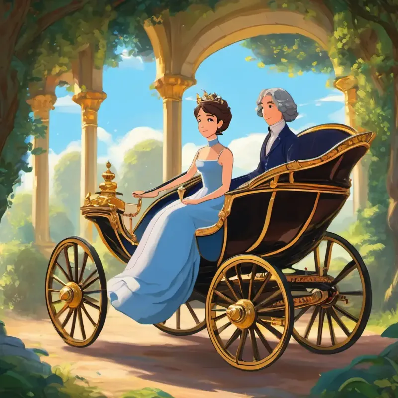 Booble Bob in the UK, floating in front of Wise, regal, fair skin, gentle eyes in her royal carriage.