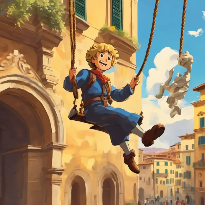 Booble Bob in Florence, swinging from ropes with the statue of David.