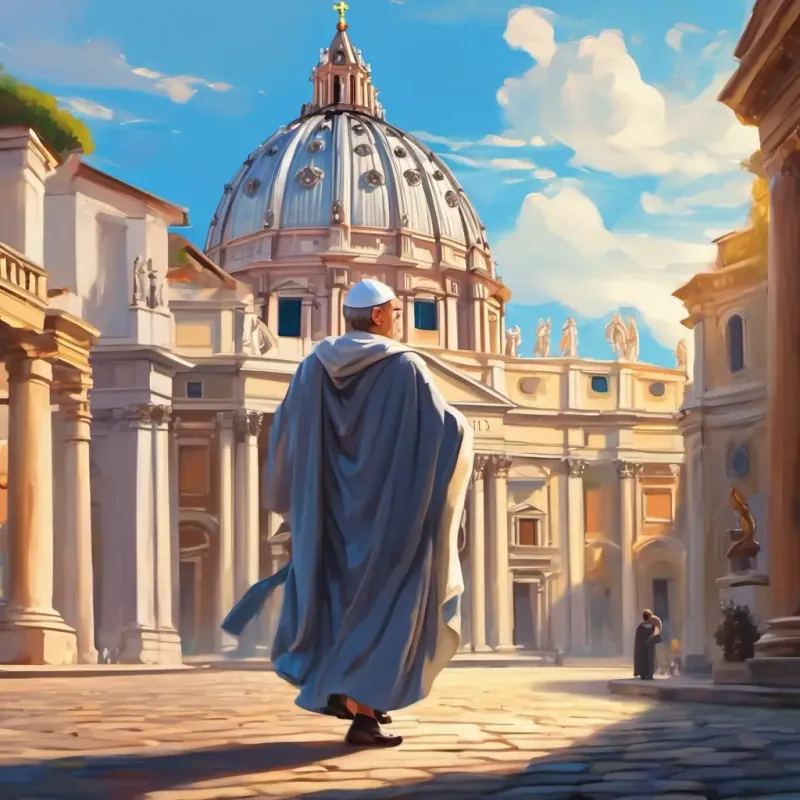 Booble Bob in Rome, dancing with the Holy, kind-hearted, robed, serene eyes in St. Peter's Square.