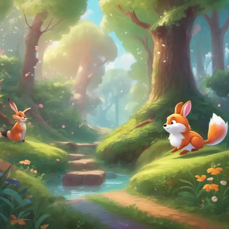 A bouncy, bubbly bunny named A bouncy, bubbly bunny hopping next to A jolly, giggly fox in a magical forest in a magical forest