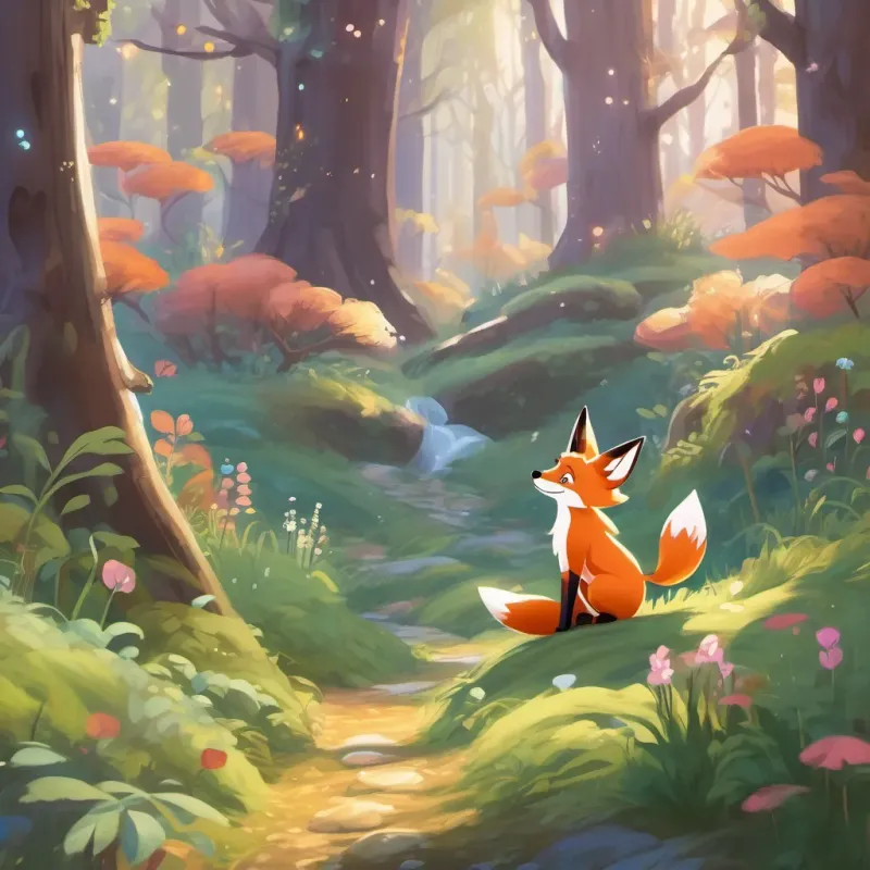 A jolly, giggly fox in a magical forest and A bouncy, bubbly bunny playing and exploring in Wiggly Woods, discovering secret places