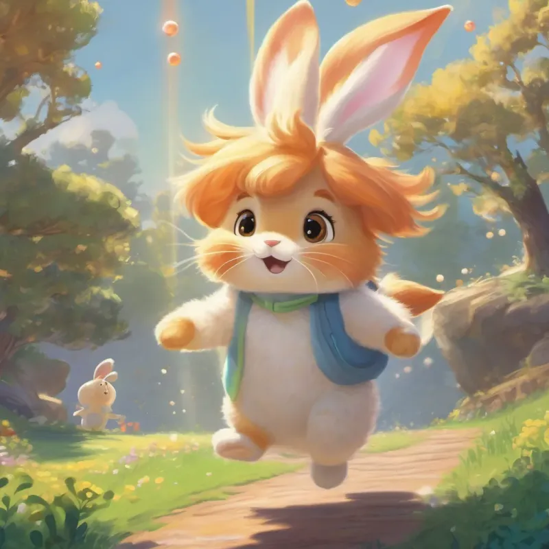 A glimmering giggle, like a tiny spark of light, landing on A bouncy, bubbly bunny' nose on a sunny morning