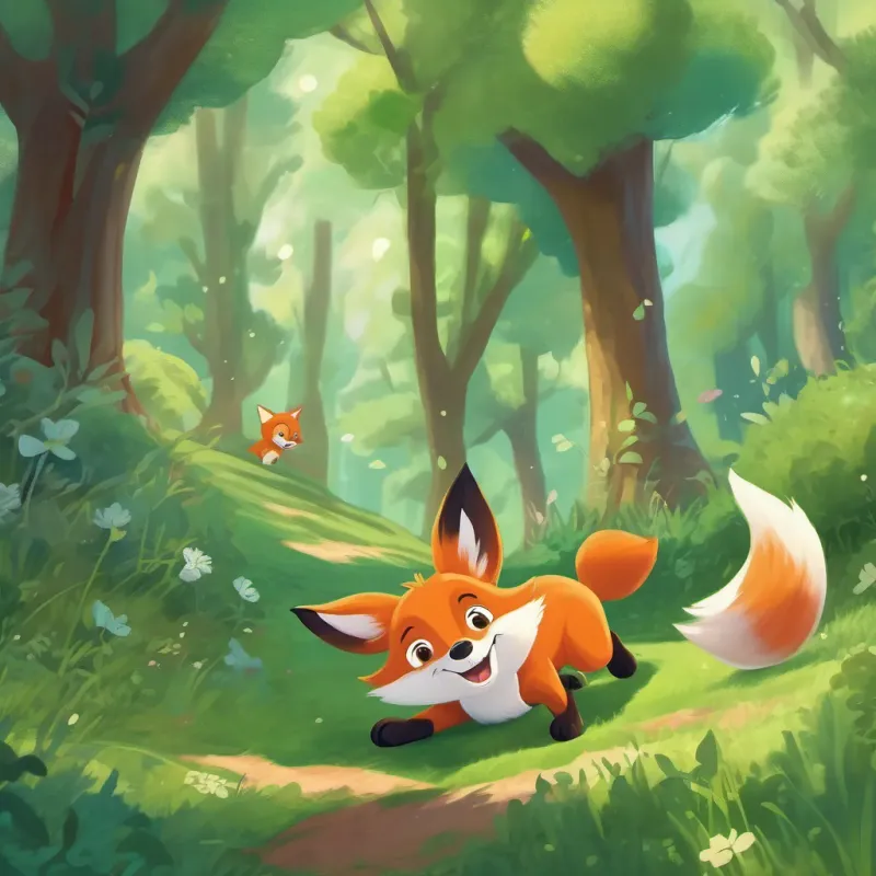 A jolly, giggly fox in a magical forest and A bouncy, bubbly bunny rolling on the grassy green floor of Wiggly Woods, laughing hard