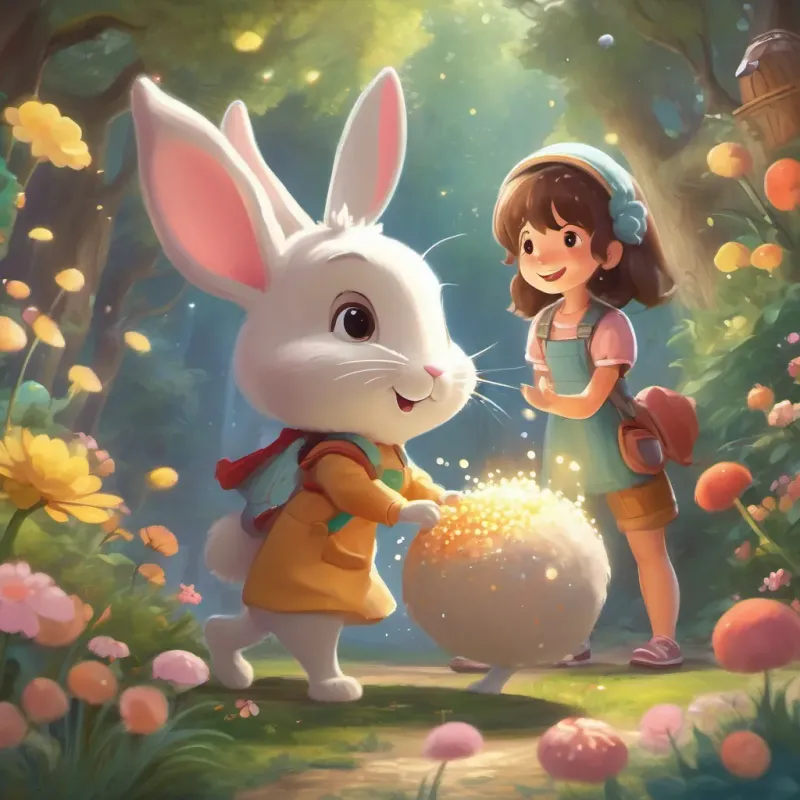 A bouncy, bubbly bunny squealing with excitement, asking A small, twinkling creature that sprinkles joy to show her magic