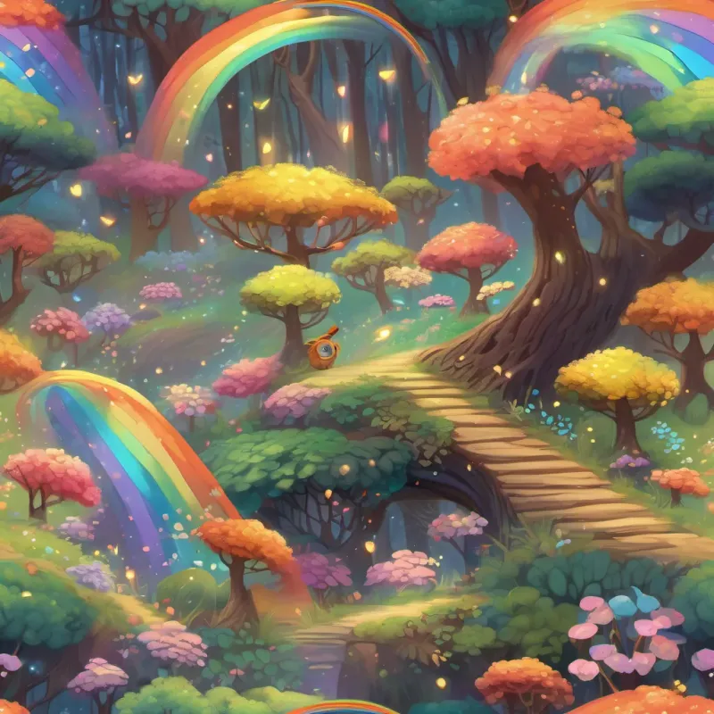 A small, twinkling creature that sprinkles joy fluttering her wings and casting a shimmering spell, turning Wiggly Woods into a rainbow of colors