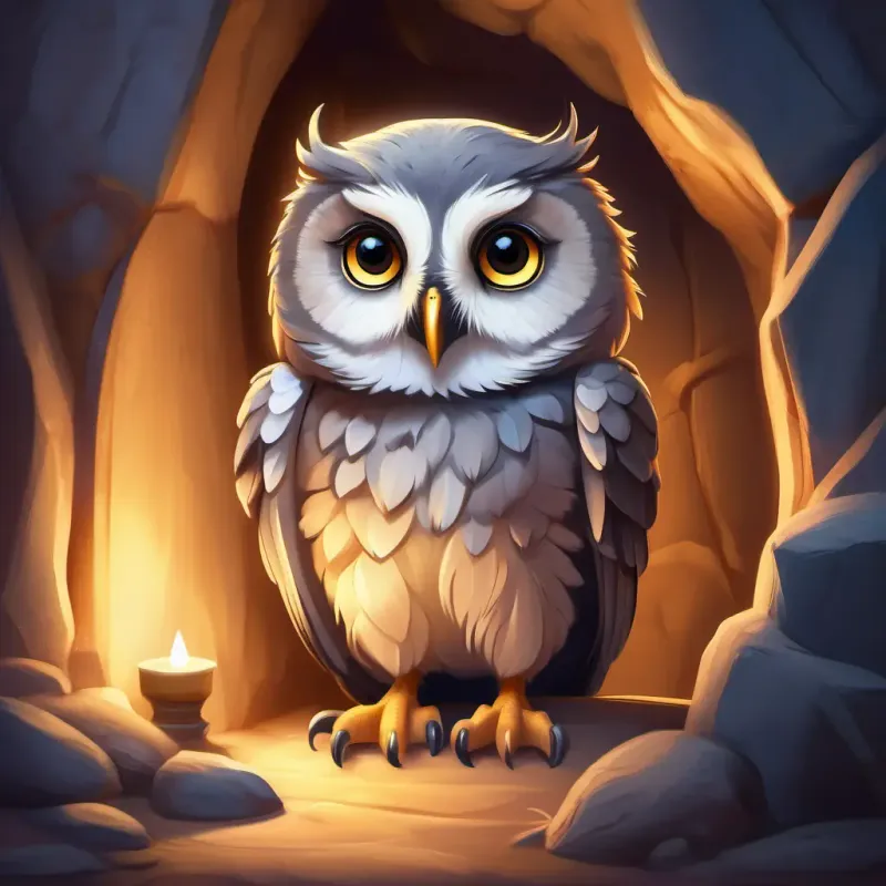 Introducing Young owl, fluffy grey feathers, big golden eyes in her cozy cave and setting the scene for her nighttime adventure