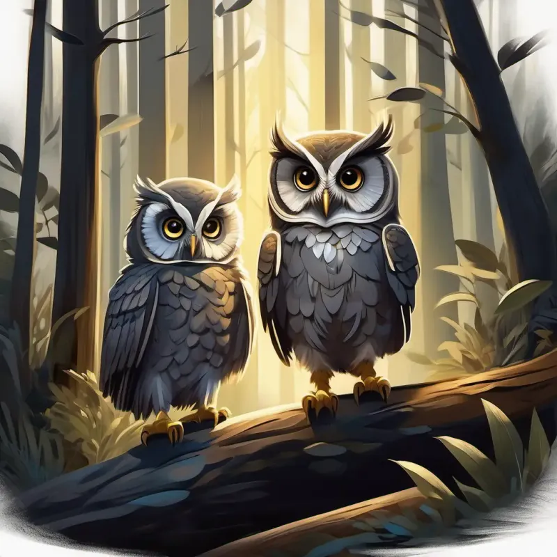 Young owl, fluffy grey feathers, big golden eyes and her parents venture out into the dark woods, setting the scene for their adventure