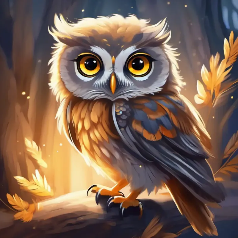 Young owl, fluffy grey feathers, big golden eyes's newfound confidence and excitement about the nighttime, returning home to her cozy cave