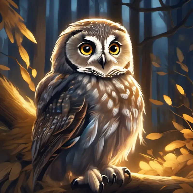 Young owl, fluffy grey feathers, big golden eyes's transformation into the bravest little owl and her future nighttime adventures