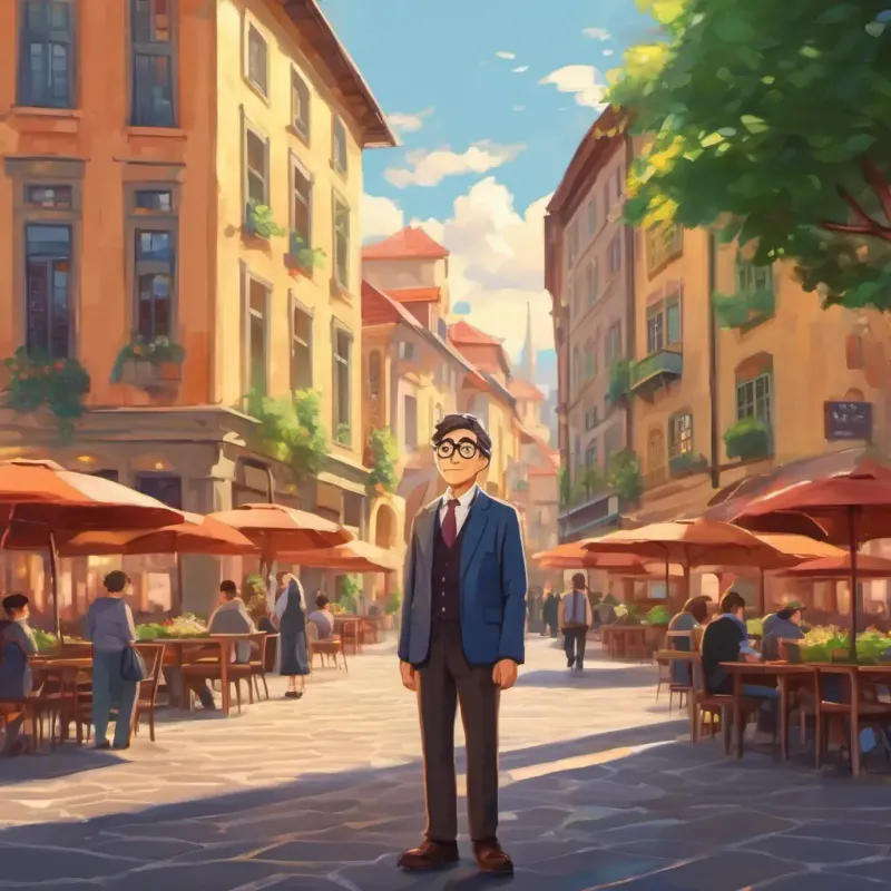 A kind man with glasses, looking very smart, a kind man with glasses, standing in a town square