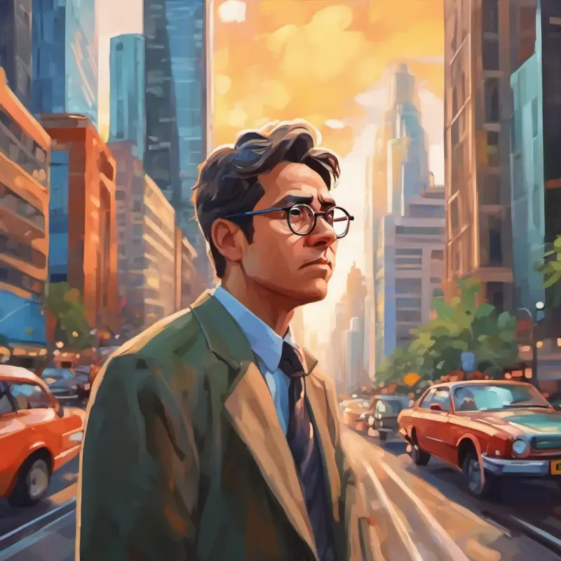 A kind man with glasses, looking very smart, looking confused in a busy city with skyscrapers and cars
