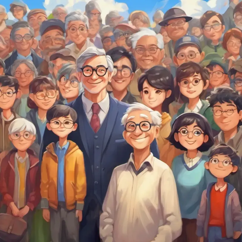 A kind man with glasses, looking very smart, surrounded by happy people of different ages and backgrounds