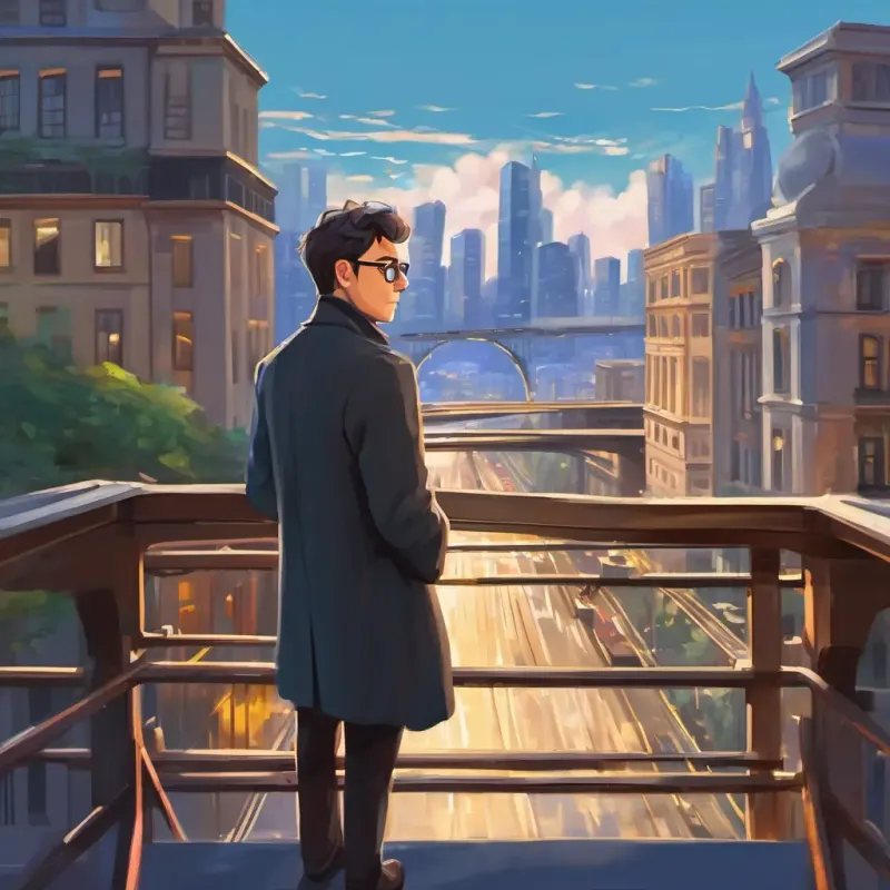 A kind man with glasses, looking very smart, standing at a bridge overlooking a modern city, feeling content
