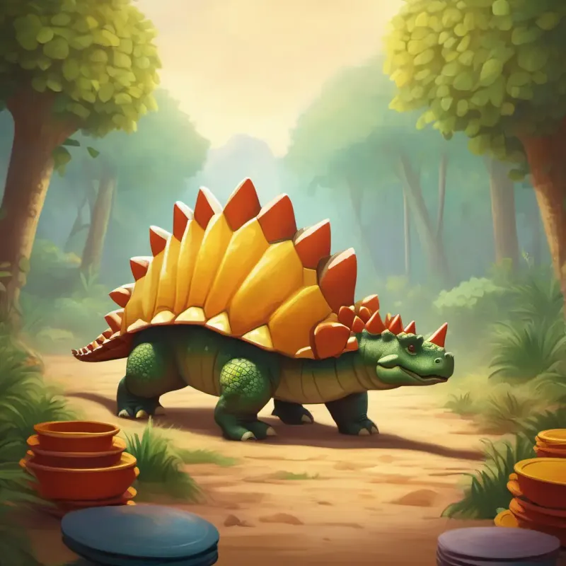 A stegosaurus with a row of plates, cautious and kind stuck, calling for help.