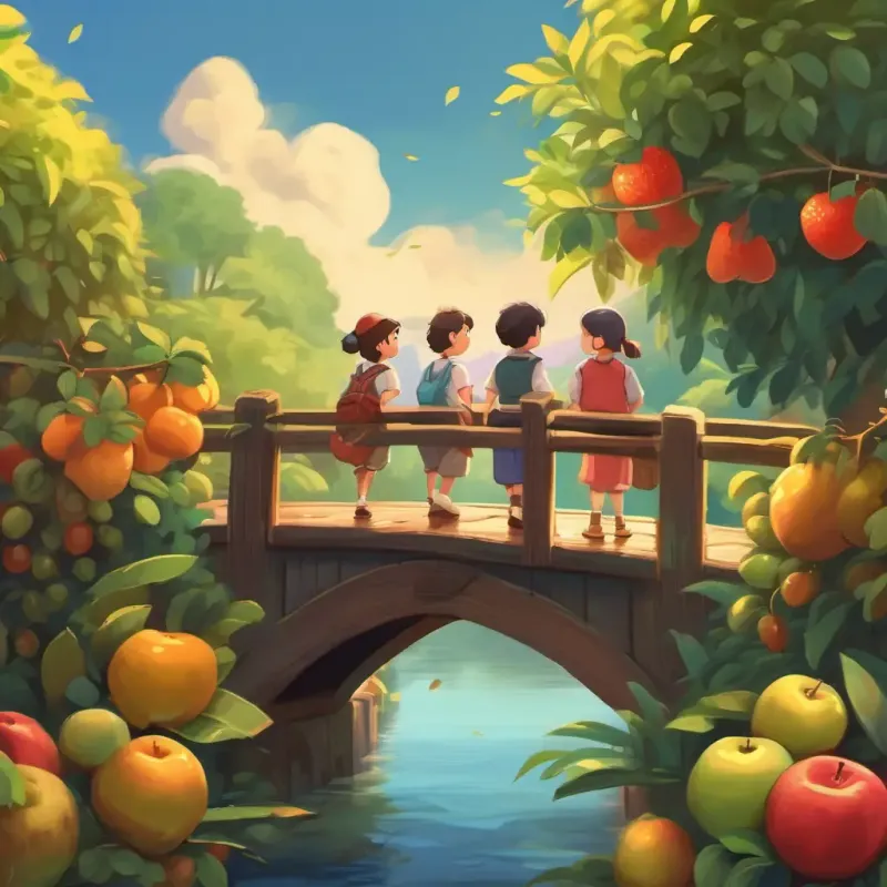 The friends crossing the bridge and sharing fruit.