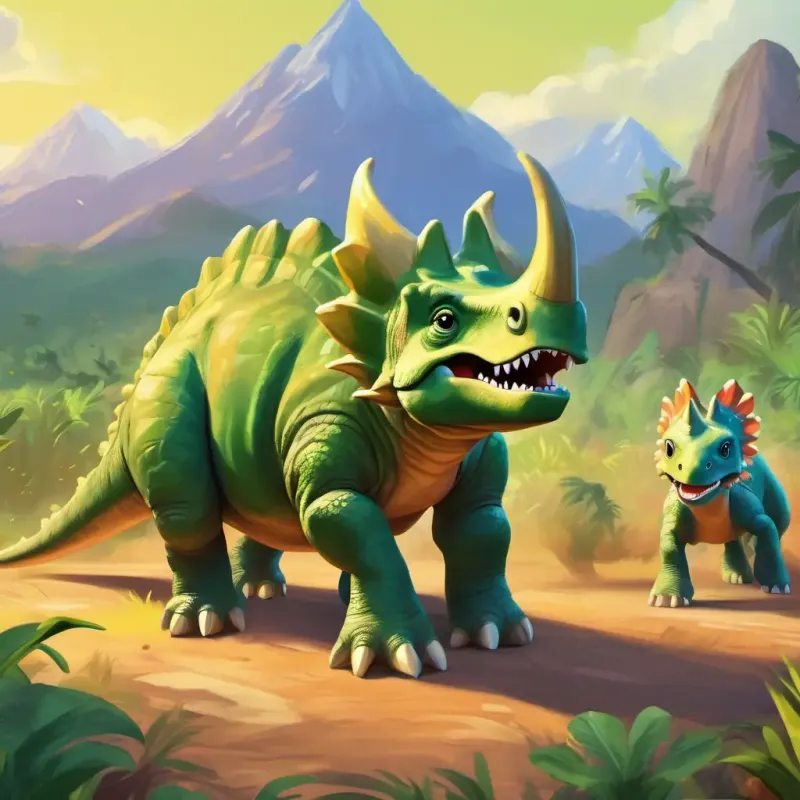 A large triceratops, green with friendly eyes and A young dinosaur, small and swift, with curious eyes running to rescue A stegosaurus with a row of plates, cautious and kind.