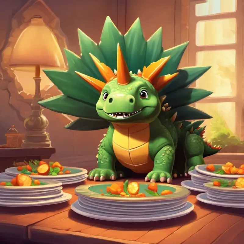 A stegosaurus with a row of plates, cautious and kind explaining her situation.
