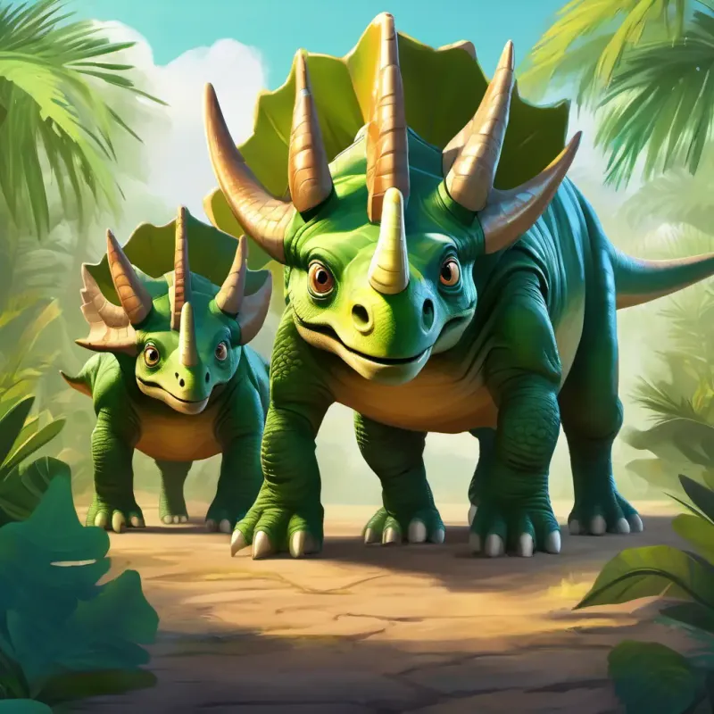 A large triceratops, green with friendly eyes and A young dinosaur, small and swift, with curious eyes working together to free A stegosaurus with a row of plates, cautious and kind.