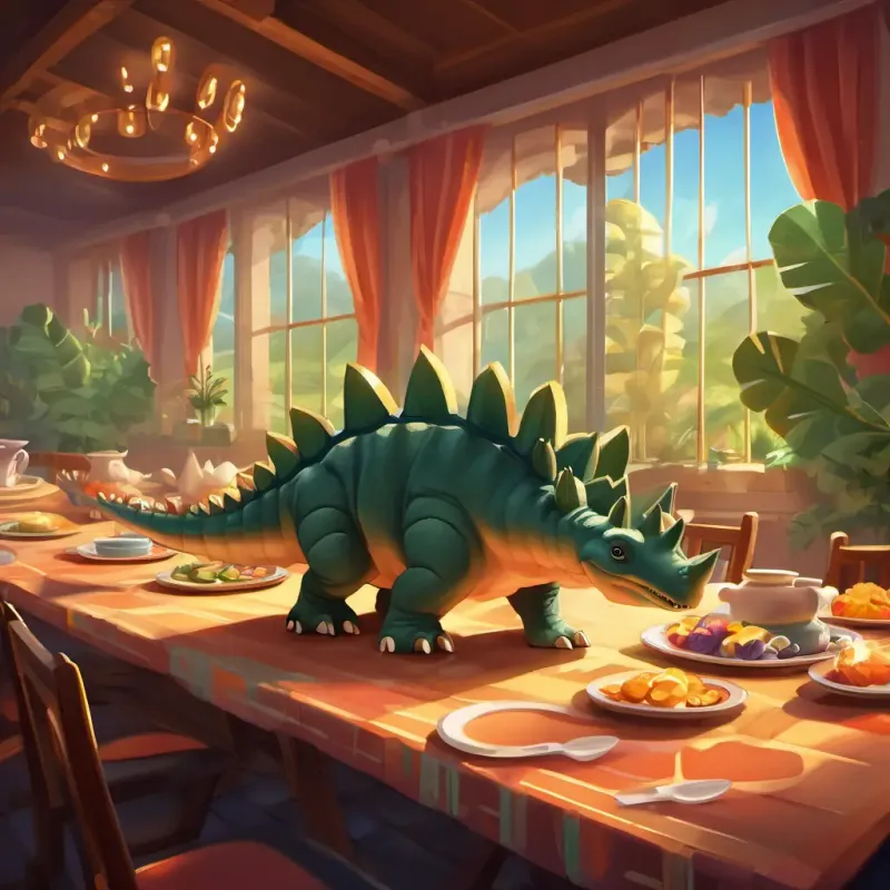 A stegosaurus with a row of plates, cautious and kind expressing her gratitude.