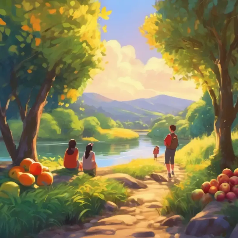 Friends by a river, eyeing the fruit.