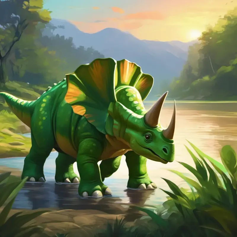 A large triceratops, green with friendly eyes encouraging A young dinosaur, small and swift, with curious eyes by the river.