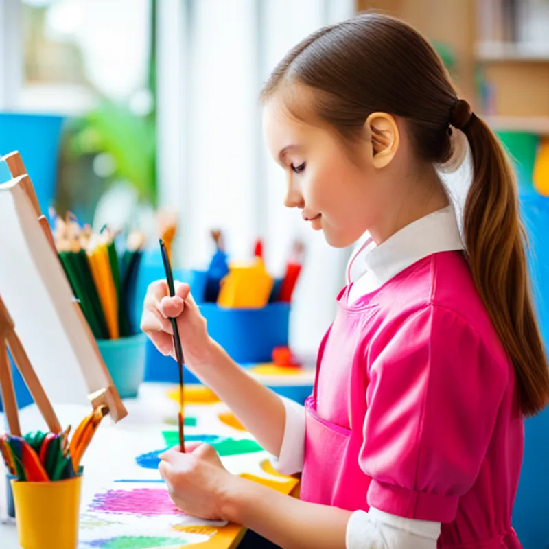 A cheerful girl with brown hair and a pink smock drawing a colorful picture with a paintbrush