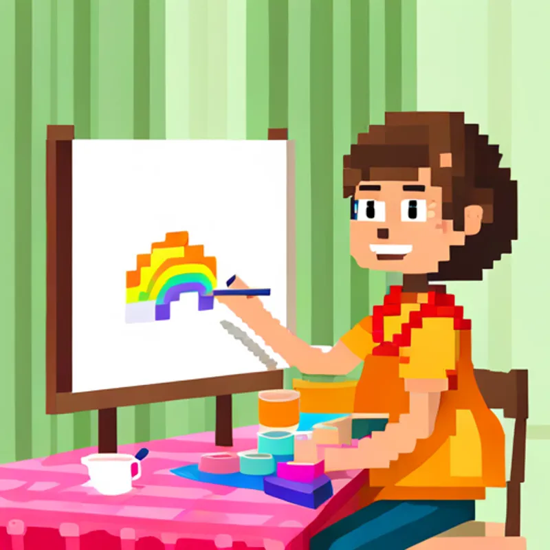 A cheerful girl with brown hair and a pink smock painting a picture with rainbow colors