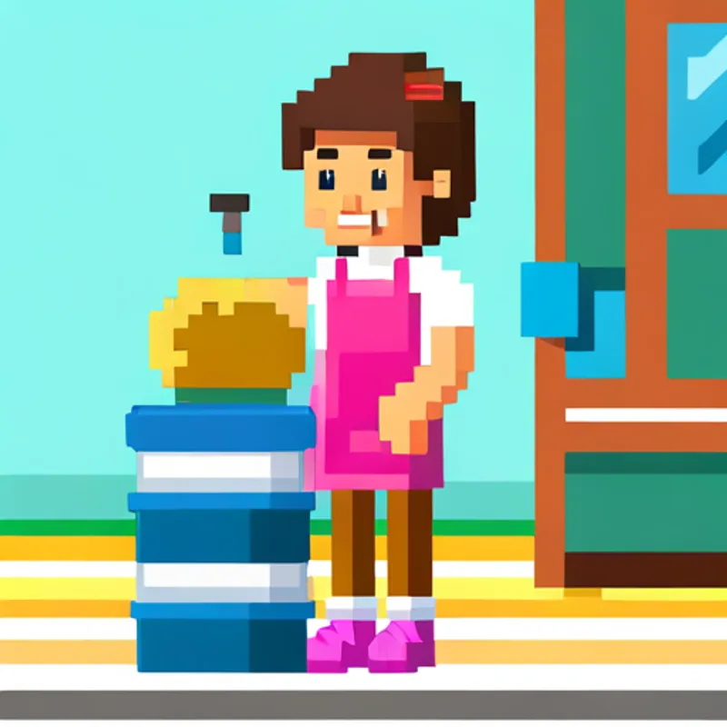 A cheerful girl with brown hair and a pink smock mixing yellow and blue to make green