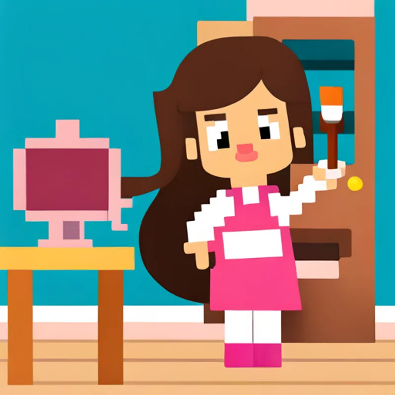 A cheerful girl with brown hair and a pink smock using a brush to create lines