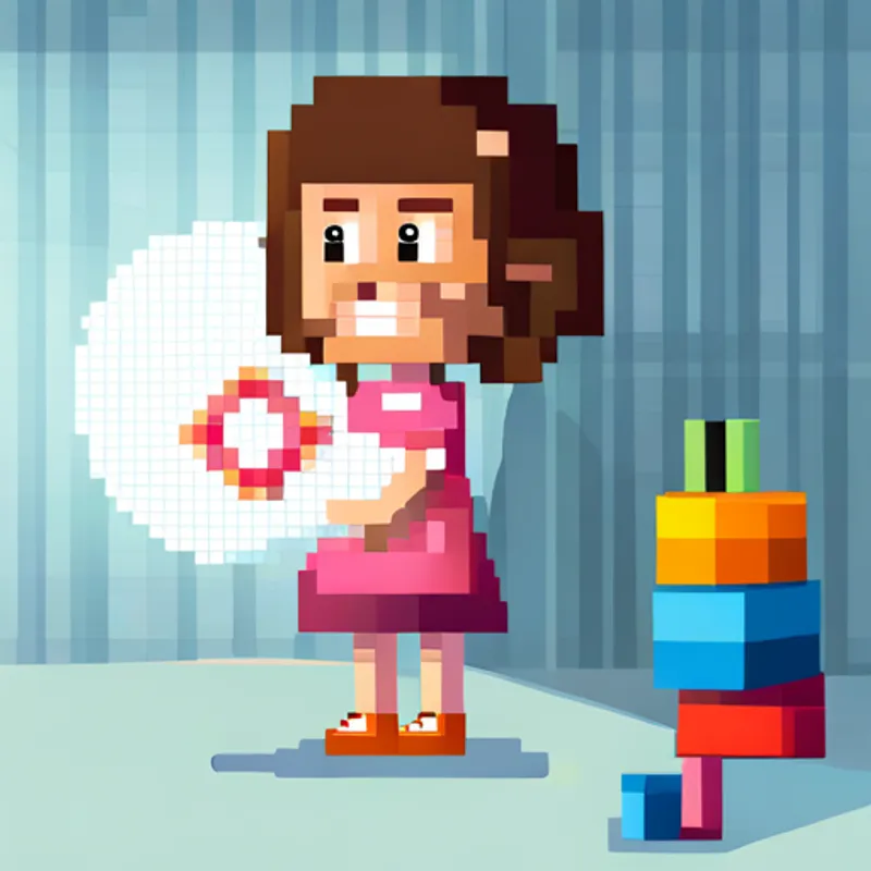 A cheerful girl with brown hair and a pink smock drawing a circle and a flower