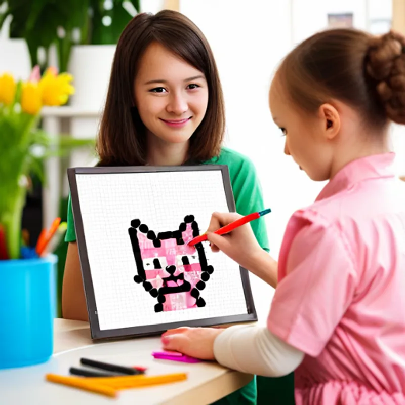 A cheerful girl with brown hair and a pink smock drawing a detailed picture of a cat