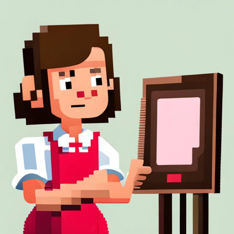 A cheerful girl with brown hair and a pink smock proudly showing her artwork to everyone