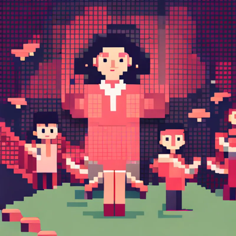 A cheerful girl with brown hair and a pink smock's friends and family clapping and cheering