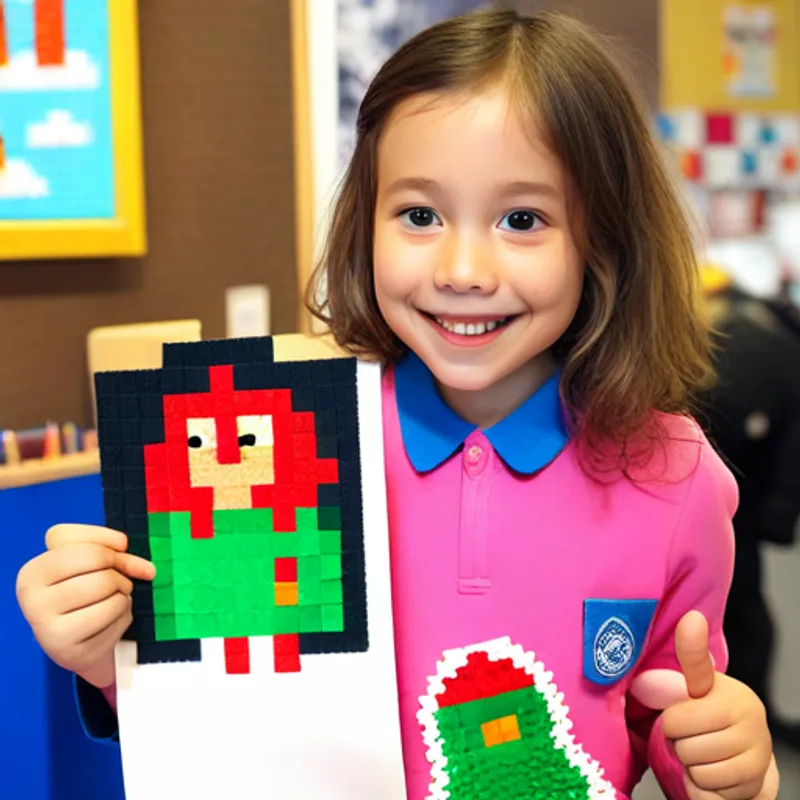 A big smile on A cheerful girl with brown hair and a pink smock's face as she holds her artwork