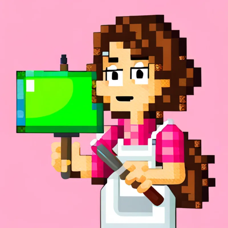 A cheerful girl with brown hair and a pink smock excitedly holding a paintbrush and canvas