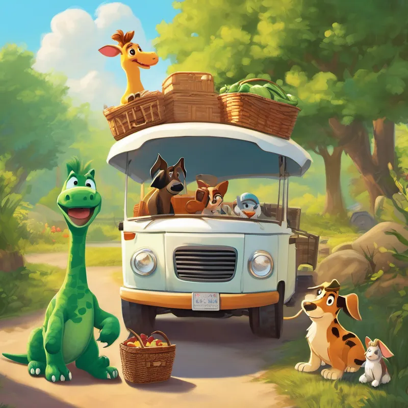 Once upon a time, in a small town called Paxton, there were four very special friends: Bun the road roller, Cucumber the mischievous dog, Rex the friendly dinosaur, and El Toro Blanco the white pickup truck. They loved going on adventures together and making new memories. One sunny morning, Bun, Cucumber, Rex, and El Toro Blanco decided to visit Moore State Park. They packed a picnic basket and brought their cameras along, because today, they wanted to capture the perfect family photo.