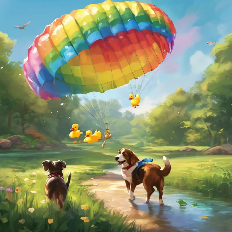 Walking further into the park, they stumbled upon a pond that was full of rubber duckies. Cucumber, being a mischievous dog, couldn't resist jumping in and splashing around with the duckies. Bun, Rex, and El Toro Blanco joined in too, and soon they were all giggling and having the best time. After drying off, they continued their adventure. As they walked up a hill, they noticed something magical in the sky. A rainbow-colored parachute was drifting down towards them. They looked up in awe as the parachute gently landed on their shoulders. It was like they were all a part of a beautiful rainbow.