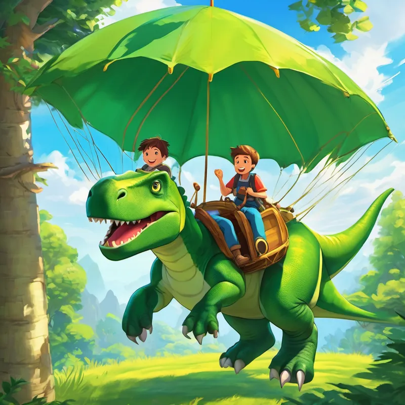 Feeling adventurous, they decided to all hold onto the parachute and let it lift them up into the air. They soared above the trees, feeling the wind in their hair and the world beneath their feet. The view was breathtaking, and their hearts were filled with pure joy. As they gently landed back on the ground, they saw a bright green dinosaur with a warm smile waiting for them near a tall, shady tree. His name was Rex, and he loved meeting new friends. They quickly became friends with Rex, inviting him to join their quest for the perfect family photo.