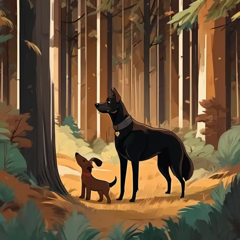 Brown dog with black eyes, a brown dog with black eyes, surrounded by tall trees and forest animals.