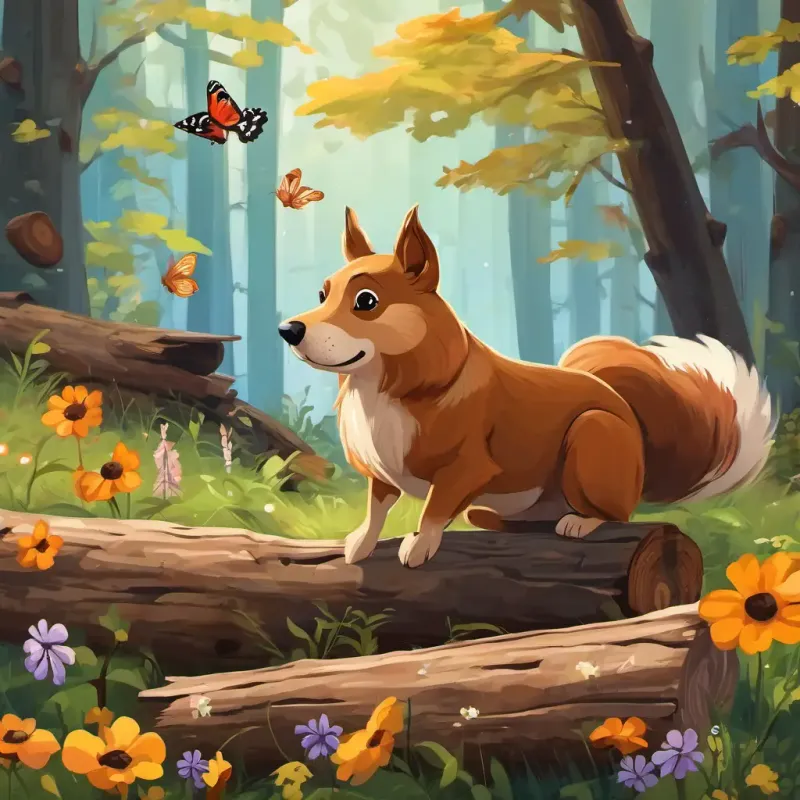 Brown dog with black eyes and Squirrel with fluffy tail the squirrel, surrounded by fallen logs, wildflowers, and butterflies.