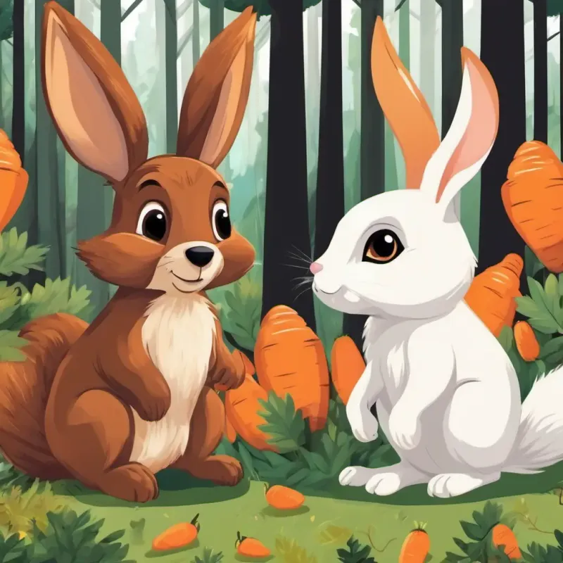 Brown dog with black eyes, Squirrel with fluffy tail the squirrel, and Bunny with soft white fur and long ears the bunny, surrounded by tall trees and juicy carrots.