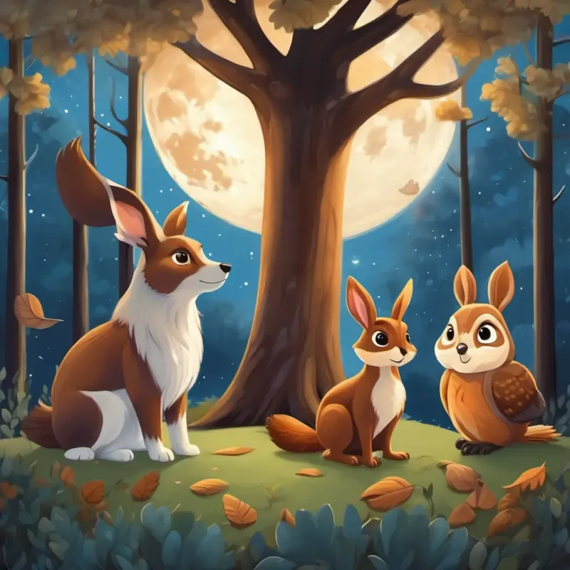 Brown dog with black eyes, Squirrel with fluffy tail the squirrel, Bunny with soft white fur and long ears the bunny, and Wise owl with big round eyes the owl, surrounded by tall trees and moonlit sky.