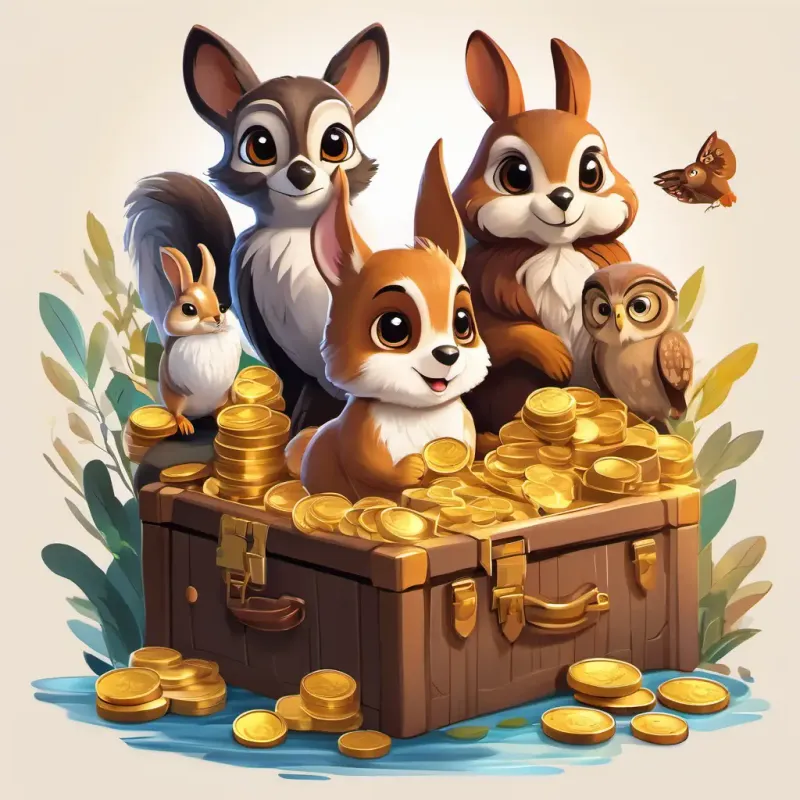Brown dog with black eyes, Squirrel with fluffy tail the squirrel, Bunny with soft white fur and long ears the bunny, and Wise owl with big round eyes the owl, finding a chest of gold coins near a sparkling river.