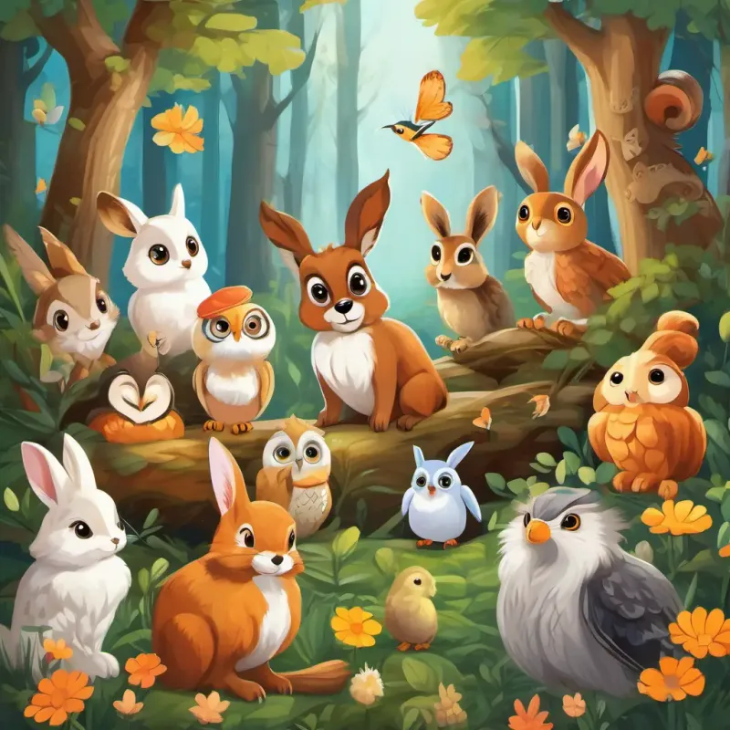 Brown dog with black eyes, Squirrel with fluffy tail the squirrel, Bunny with soft white fur and long ears the bunny, and Wise owl with big round eyes the owl, surrounded by happy birds, butterflies, and bunnies in a beautiful forest.
